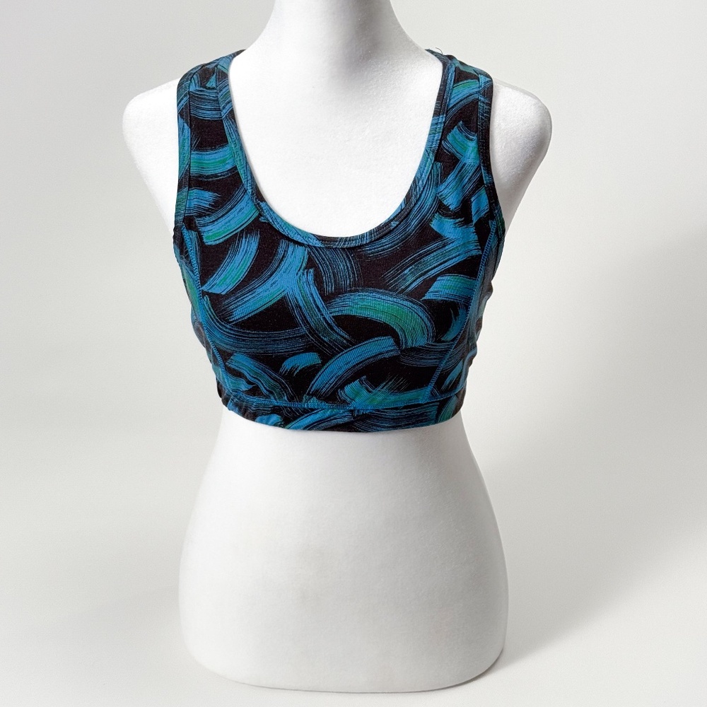 HEAD Women’s Sports Bra Small Racerback Unlined Blue/Black Brushstroke Print